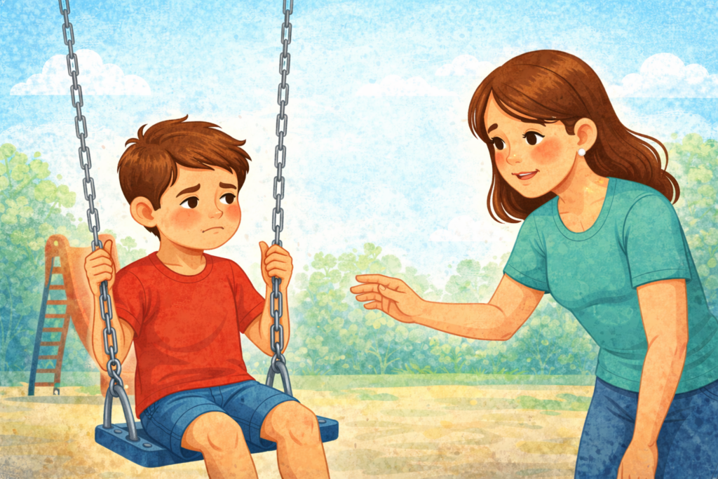 Kind auf der Schaukel und die Mutter steht daneben