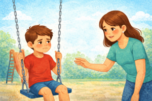 Kind auf der Schaukel und die Mutter steht daneben