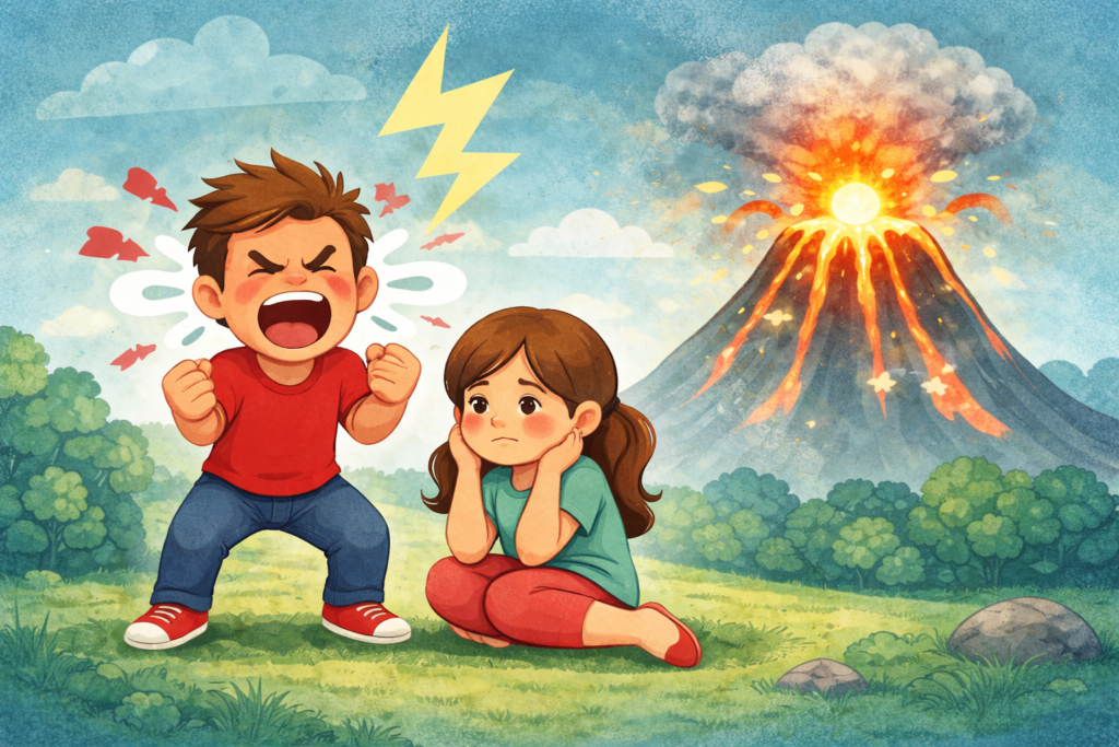 Junge dessen Gefühle explodieren vor einem Vulkan