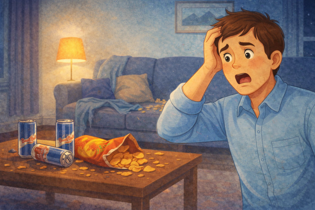 Vater schaut erschreckt auf den unordentlichen Wohnzimmertisch