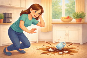 Eine Frau der ihre Kaffeetasse herunterfällt und zerspringt