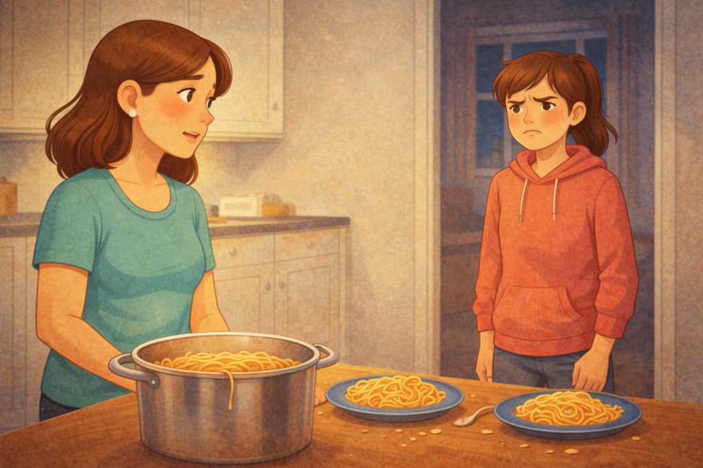 Mutter und Tochter stehen neben dem Küchentisch