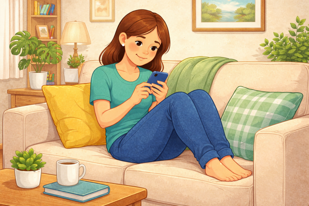 Mutter auf dem Sofa am Handy