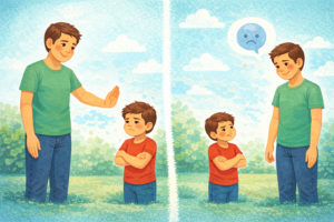 Vater zeigt seinem Sohn einmal eine Grenze und spiegelt einmal sein Gefühl